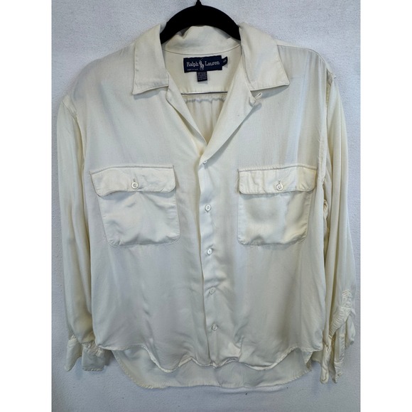 Ralph Lauren Tops - Ralph Lauren Button Down Shirt Ivory Rayon Camp Collar Utility Blouse Vintage 8